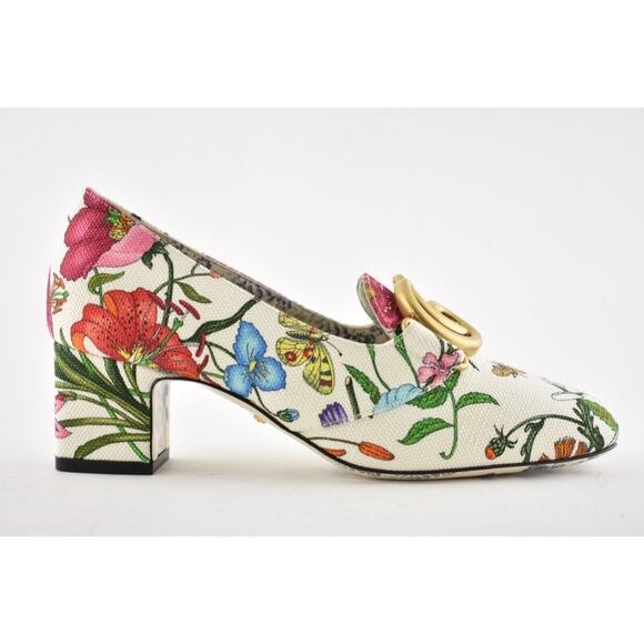 Gucci Victoire 55 White Canvas Floral Logo Block Mid Heel Mule Loafer Pump 36.5 - Picture 3 of 10